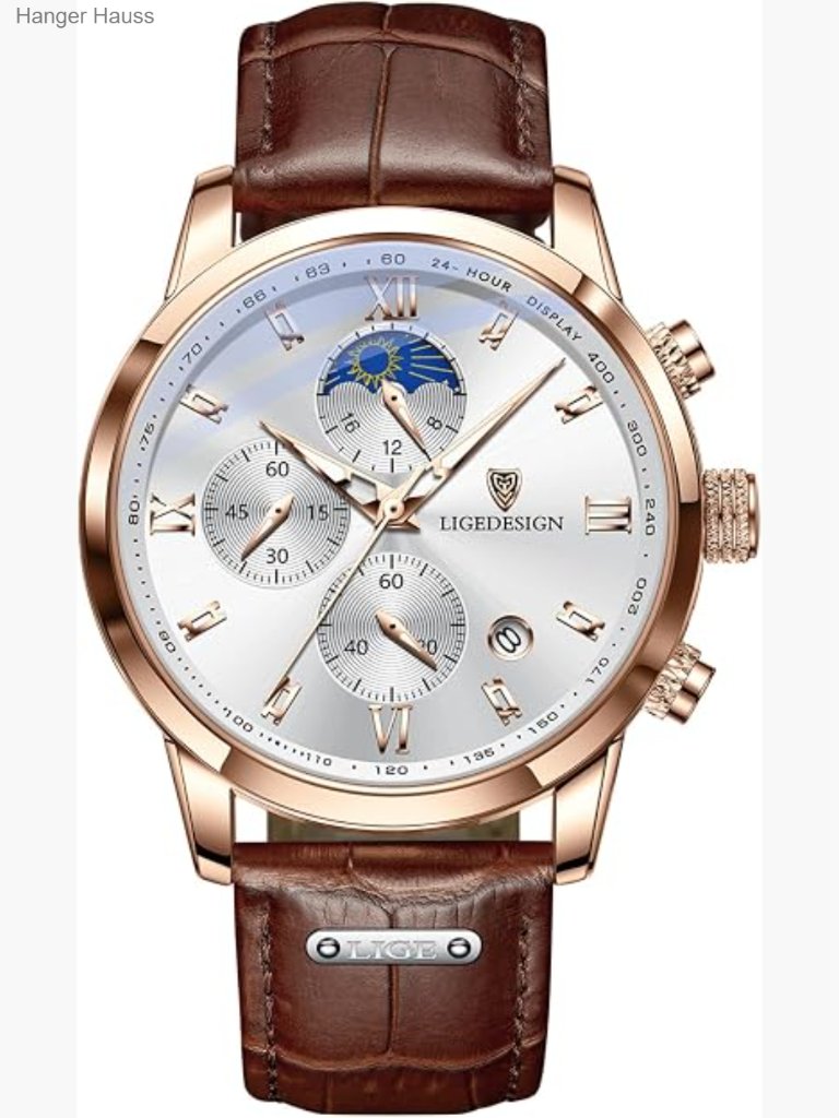 Luxury Chronograph Dress Watch Leather Strap Luminous Moon Phase Date Display
